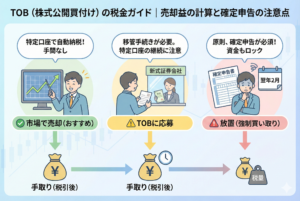 TOB（株式公開買付け）が発生した際の3つの出口戦略を比較したイラスト。左の「市場で売却（おすすめ）」は、特定口座で自動納税され手間がない様子を、中央の「TOBに応募」は、別の証券会社への移管手続きが必要な様子を、右の「放置（強制買い取り）」は、確定申告が必須となり資金もロックされるリスクを図解している。下部にはそれぞれのルートにおける税引き後の手取り額のイメージが添えられている。