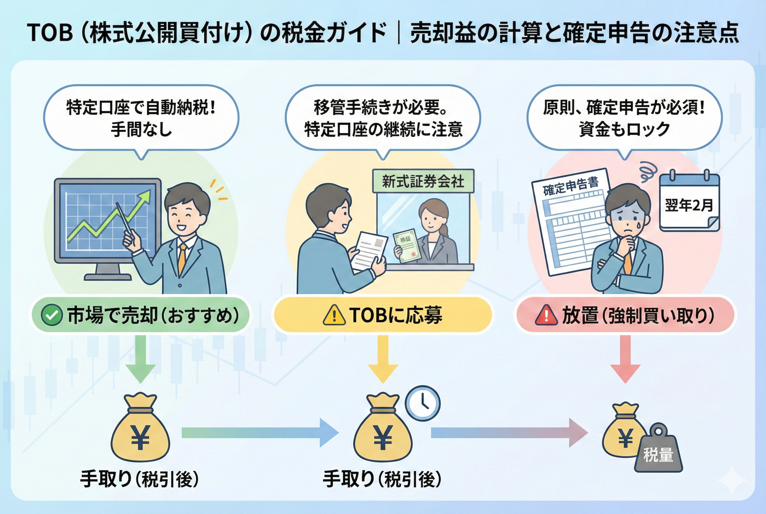 TOB(株式公開買付け)が発生した際の3つの出口戦略を比較したイラスト。左の「市場で売却(おすすめ)」は、特定口座で自動納税され手間がない様子を、中央の「TOBに応募」は、別の証券会社への移管手続きが必要な様子を、右の「放置(強制買い取り)」は、確定申告が必須となり資金もロックされるリスクを図解している。下部にはそれぞれのルートにおける税引き後の手取り額のイメージが添えられている。
