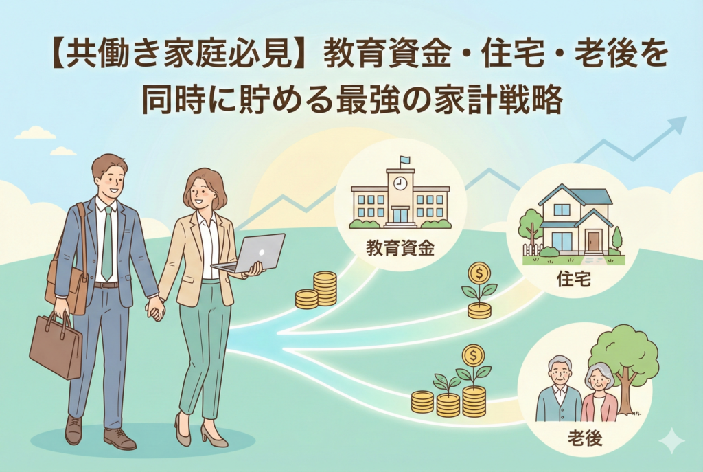 「【共働き家庭必見】教育資金・住宅・老後を同時に貯める最強の家計戦略」というタイトル。笑顔で手をつなぐ共働き夫婦のイラストから、教育資金(学校)、住宅(家)、老後資金(高齢夫婦)へと続く3つの道が分岐し、それぞれの道でお金の木が育っている様子を描いた、親しみやすいデザインのアイキャッチ画像。