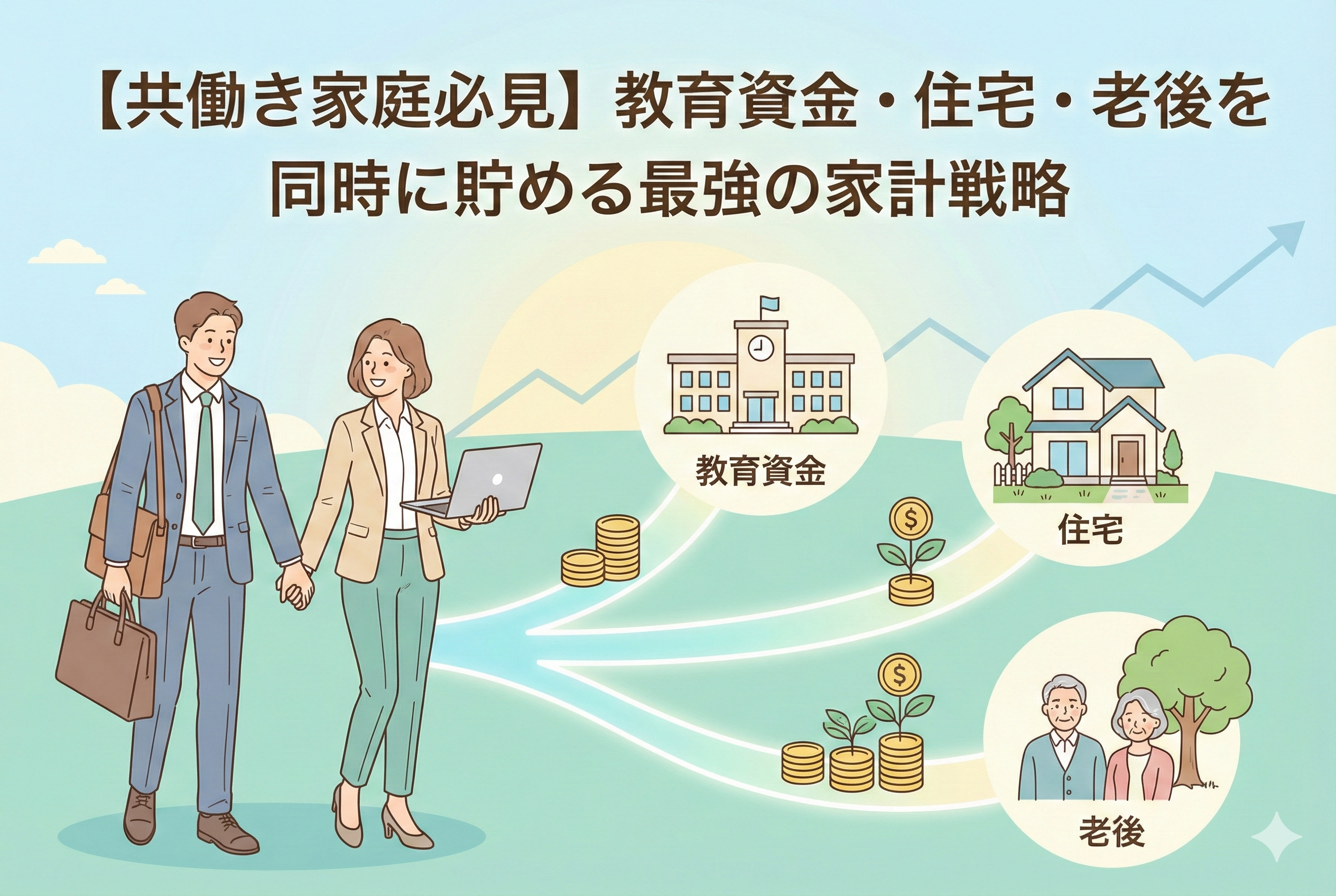 「【共働き家庭必見】教育資金・住宅・老後を同時に貯める最強の家計戦略」というタイトル。笑顔で手をつなぐ共働き夫婦のイラストから、教育資金（学校）、住宅（家）、老後資金（高齢夫婦）へと続く3つの道が分岐し、それぞれの道でお金の木が育っている様子を描いた、親しみやすいデザインのアイキャッチ画像。