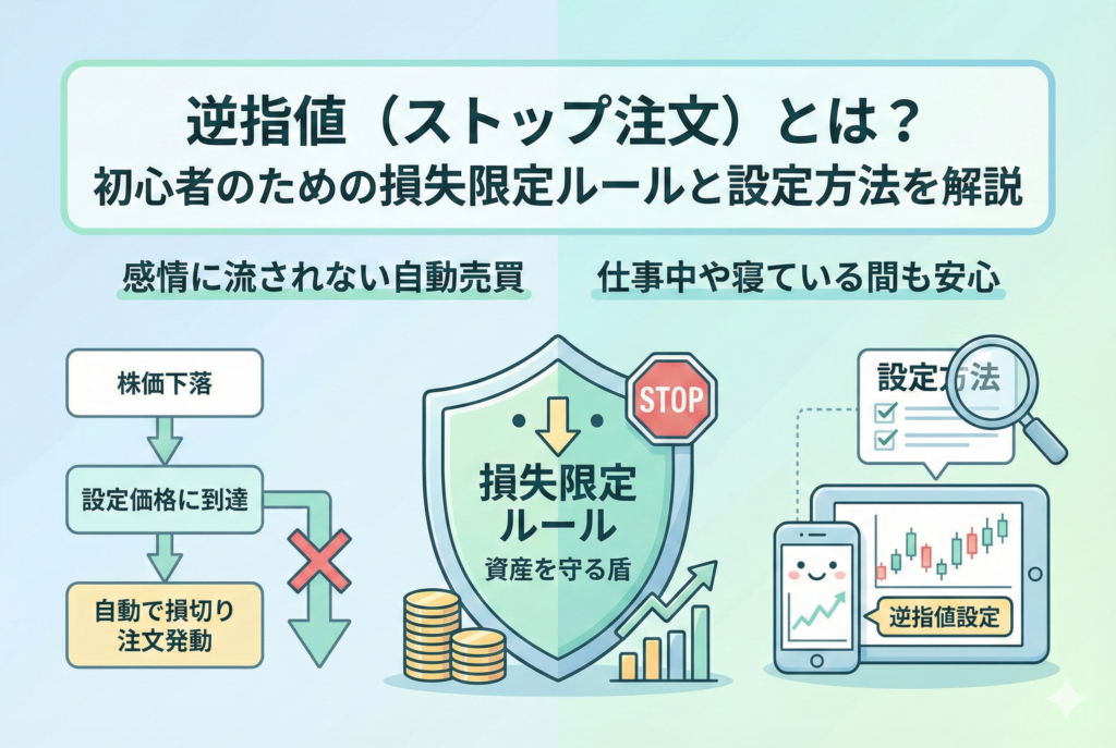 「逆指値（ストップ注文）」の仕組みを解説するインフォグラフィック。株価下落時に自動で損切り注文が発動するフローや、資産を守る盾のイラスト、スマートフォンでの設定イメージが描かれています。