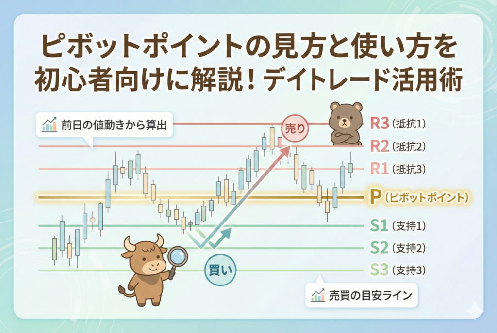 ピボットポイントの構成（P、R1〜R3、S1〜S3）を視覚化したデイトレード解説用アイキャッチ画像。ローソク足チャート上に引かれた各ラインの役割と、売買ポイントの目安を、牛と熊のキャラクターが親しみやすく図解しています。