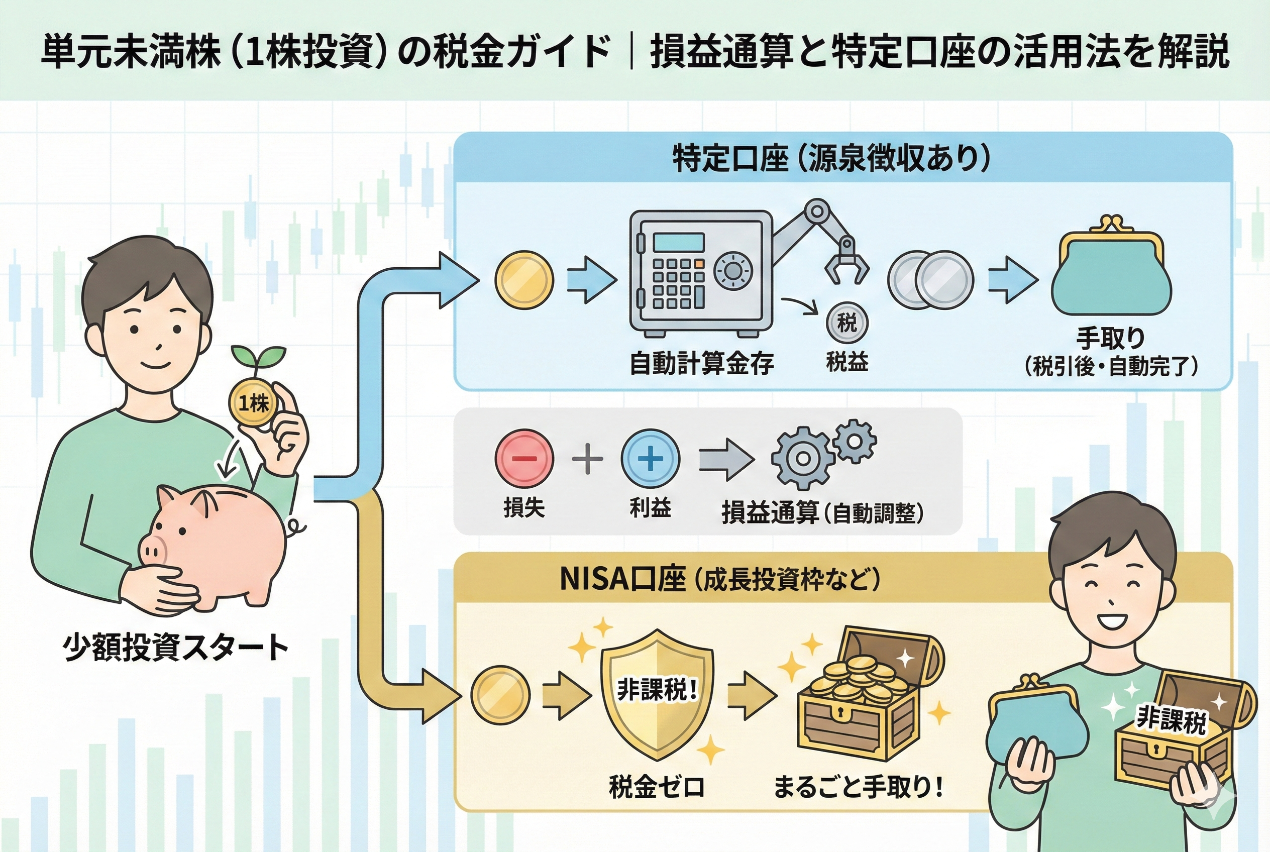 1株からの少額投資(単元未満株)における税金の流れを比較したイラスト。左側では「少額投資スタート」として1株を持つ男性が描かれ、上部の「特定口座(源泉徴収あり)」ルートでは、自動計算金庫によって税金が差し引かれ、損失と利益が自動調整(損益通算)される様子を図解。下部の「NISA口座」ルートでは、盾のアイコンで非課税が表現され、利益がまるごと手元に残る様子を描いている。