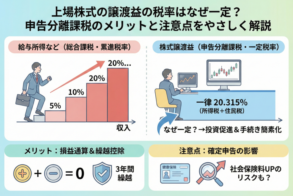 「給与所得などの累進税率」と「株式譲渡益の一律20.315パーセント(申告分離課税)」を比較したイラスト。収入に応じて階段状に上がる税率グラフと、投資促進のためにフラットに設定された株の税率を対比させている。下部には「損益通算」や「3年間の繰越控除」というメリットと、「社会保険料アップのリスク」という注意点がアイコンと共に図解されている。