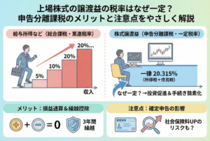 「給与所得などの累進税率」と「株式譲渡益の一律20.315パーセント（申告分離課税）」を比較したイラスト。収入に応じて階段状に上がる税率グラフと、投資促進のためにフラットに設定された株の税率を対比させている。下部には「損益通算」や「3年間の繰越控除」というメリットと、「社会保険料アップのリスク」という注意点がアイコンと共に図解されている。