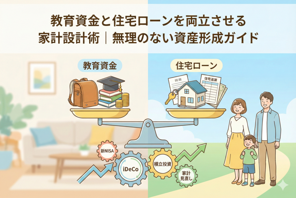 「教育資金と住宅ローンを両立させる家計設計術｜無理のない資産形成ガイド」というタイトルのアイキャッチ画像。天秤の左側に教育資金（ランドセルや学帽）、右側に住宅ローン（家と鍵）が乗り、そのバランスを支える土台として新NISA、iDeCo、積立投資、家計見直しの歯車が描かれている。右側には笑顔の3人家族が立ち、家計の調和と安心を表現した清潔感のある図解イラスト。