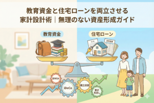 「教育資金と住宅ローンを両立させる家計設計術｜無理のない資産形成ガイド」というタイトルのアイキャッチ画像。天秤の左側に教育資金（ランドセルや学帽）、右側に住宅ローン（家と鍵）が乗り、そのバランスを支える土台として新NISA、iDeCo、積立投資、家計見直しの歯車が描かれている。右側には笑顔の3人家族が立ち、家計の調和と安心を表現した清潔感のある図解イラスト。