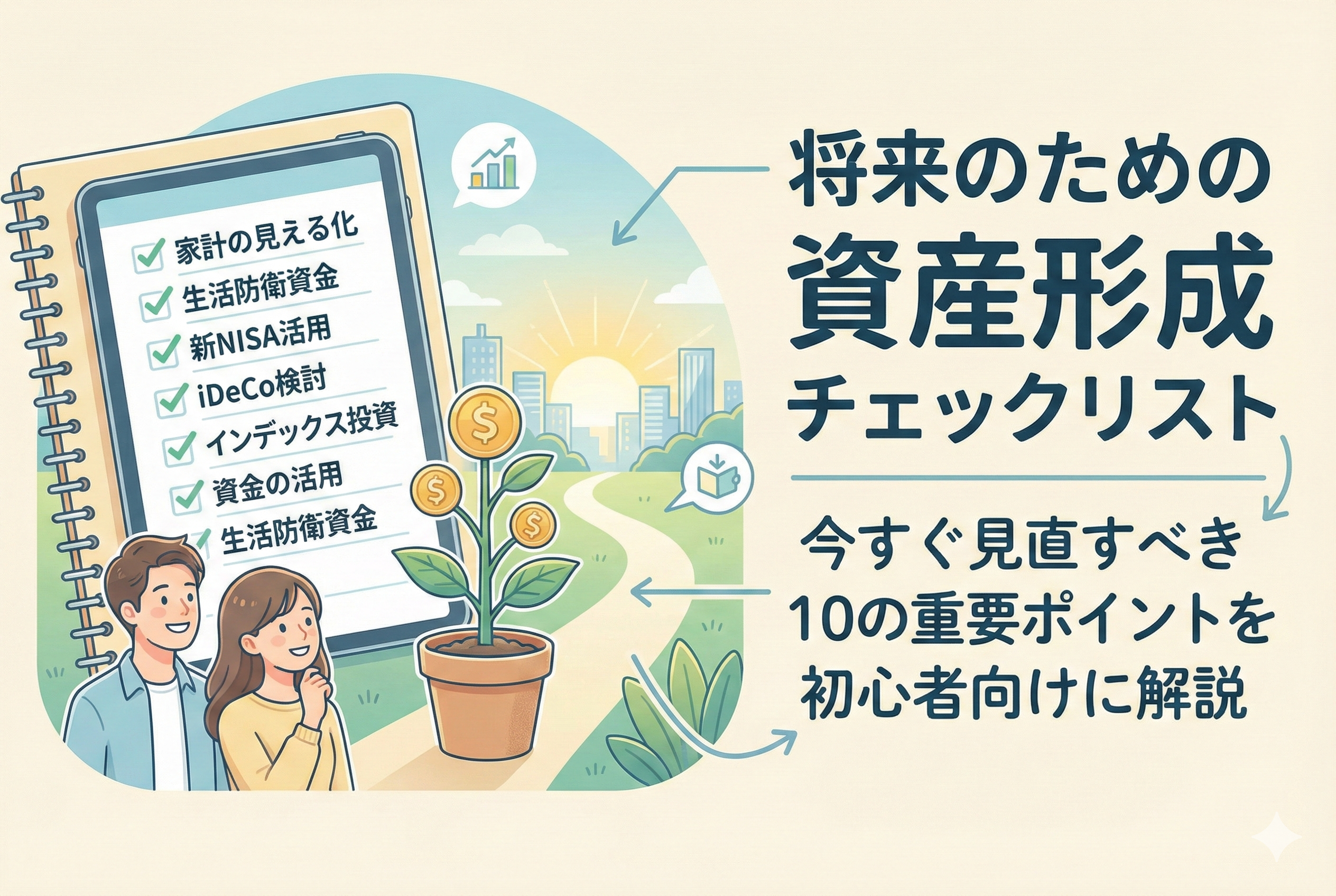 「将来のための資産形成チェックリスト」という見出しと共に、タブレットに表示された家計や新NISAなどのチェック項目を確認する男女と、お金が育つ様子をイメージした植物のイラスト。