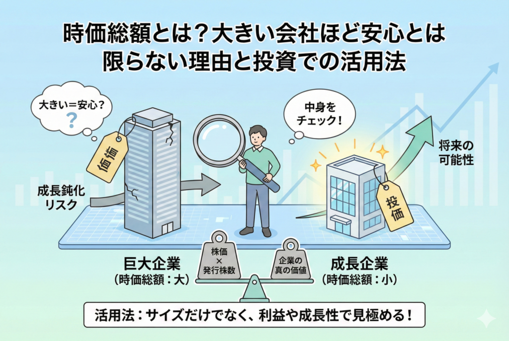 「時価総額」の仕組みを解説するインフォグラフィック。巨大企業(時価総額:大)と成長企業(時価総額:小)を天秤で比較し、「株価×発行株数=企業の真の価値」という計算式を示しています。巨大企業の成長鈍化リスクと成長企業の将来性を対比させ、投資家が中身を慎重にチェックしている様子を描いています。