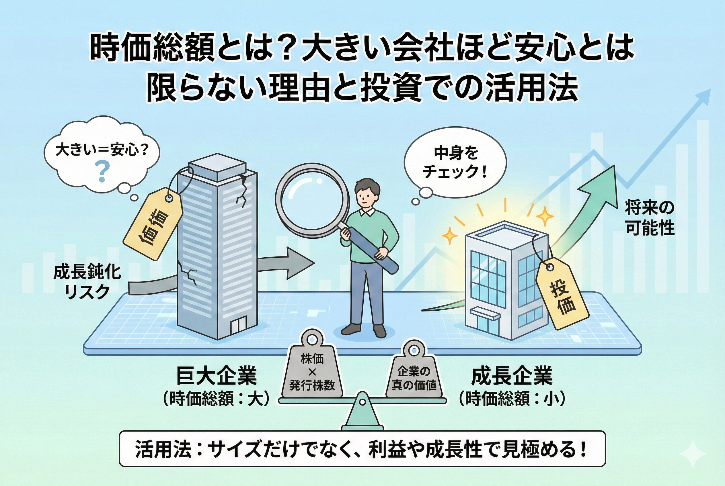 「時価総額」の仕組みを解説するインフォグラフィック。巨大企業(時価総額:大)と成長企業(時価総額:小)を天秤で比較し、「株価×発行株数=企業の真の価値」という計算式を示しています。巨大企業の成長鈍化リスクと成長企業の将来性を対比させ、投資家が中身を慎重にチェックしている様子を描いています。