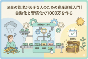 「お金の管理が苦手な人のための資産形成入門｜自動化と習慣化で1000万を作る」というタイトルが入ったアイキャッチ画像。左側にはお金の管理に悩む人、中央には歯車やベルトコンベアで貯蓄・投資・生活費を自動仕分けする「自動化システム」、右側には1000万円の宝箱と習慣化のアイコンが描かれた、清潔感のあるイラスト。