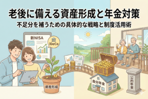 「老後に備える資産形成と年金対策」という見出しと共に、新NISAやiDeCoを活用して資産を育てる若い夫婦と、その先の豊かな老後を楽しむシニア夫婦を対比させた、安心感のあるイラスト。