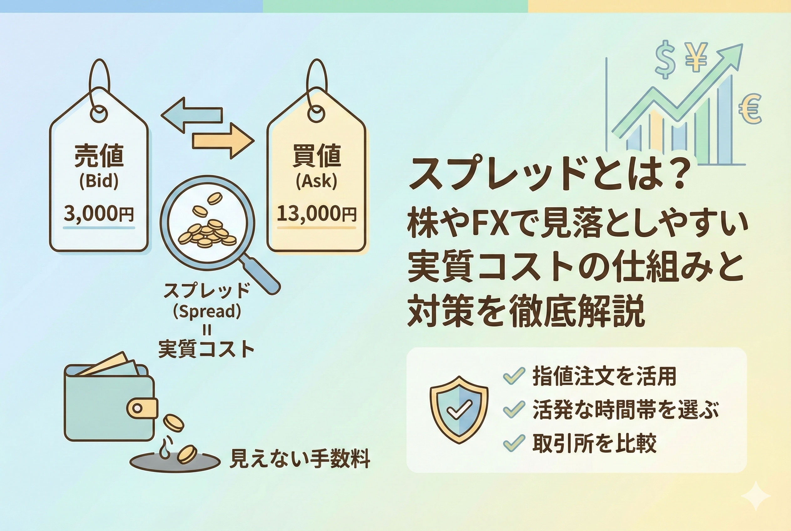 「買値（Ask）」と「売値（Bid）」の価格差を「見えない手数料（スプレッド）」として図解したイラスト。財布からコインが漏れるイメージで実質コストを表現し、対策として指値注文の活用や時間帯の選択を提案している。