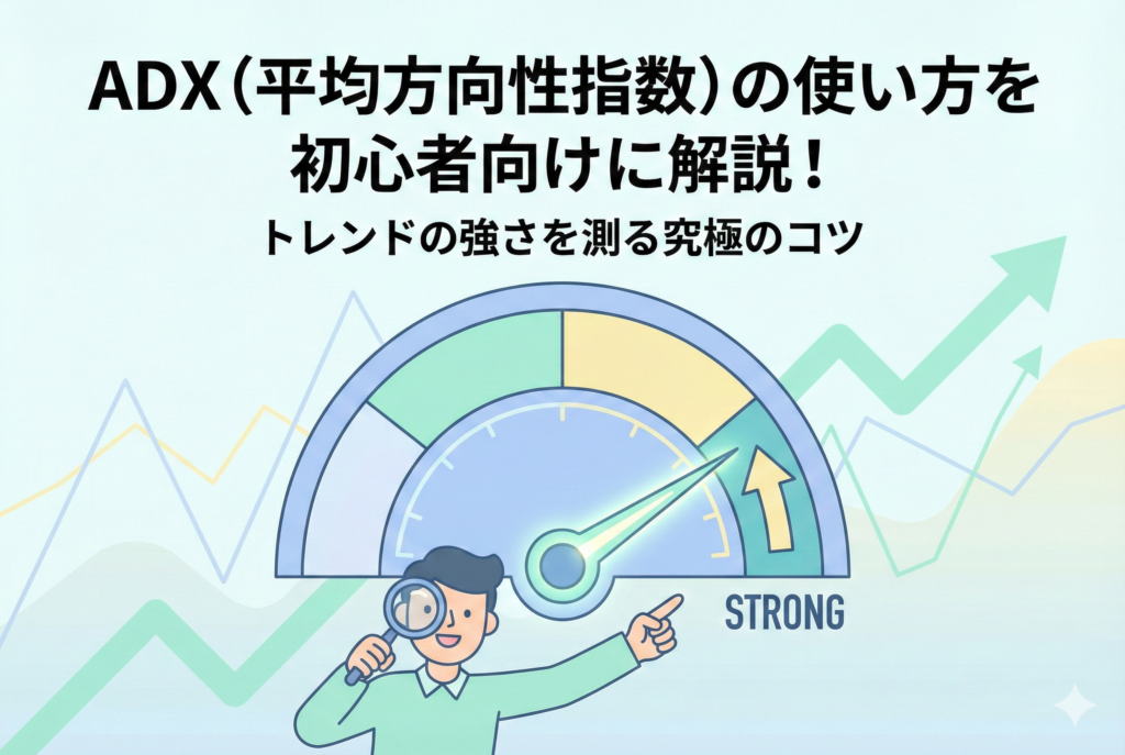 ADX（平均方向性指数）の使い方を解説するアイキャッチ画像。トレンドの強さをメーターで可視化するイメージ図と、株式チャート、虫眼鏡を持つ人物が描かれています。