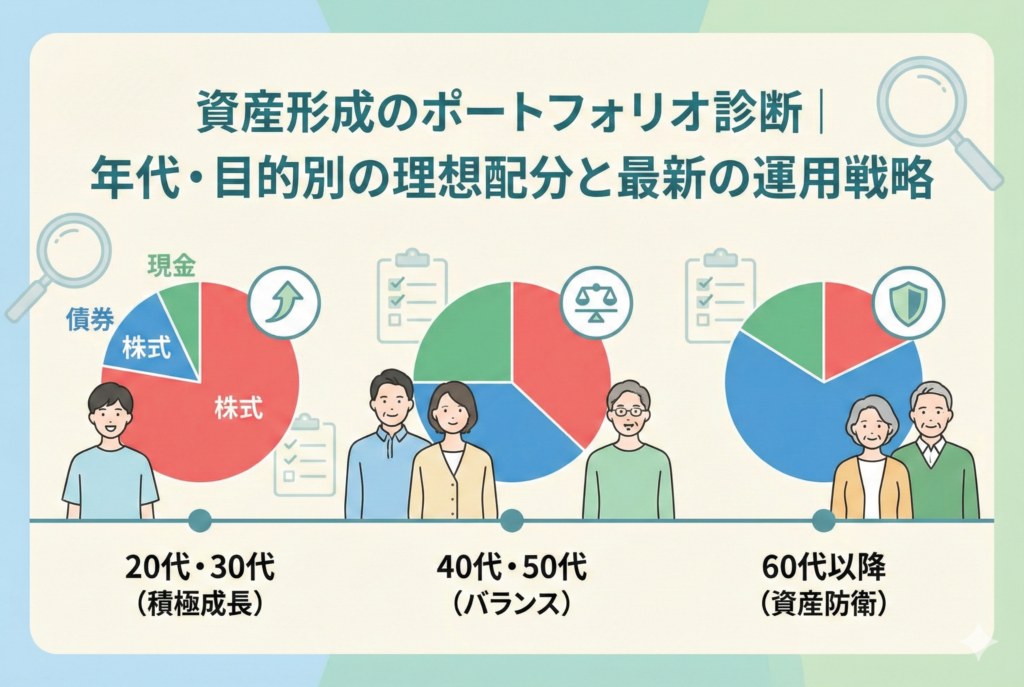 「資産形成のポートフォリオ診断｜年代・目的別の理想配分と最新の運用戦略」というタイトルが入ったアイキャッチ画像。20代・30代（積極成長）、40代・50代（バランス）、60代以降（資産防衛）の3つの世代と、それぞれのライフステージに合わせた「株式・債券・現金」の理想的な配分を示す3つの円グラフが並んだ、清潔感のある図解イラスト。
