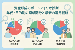 「資産形成のポートフォリオ診断｜年代・目的別の理想配分と最新の運用戦略」というタイトルが入ったアイキャッチ画像。20代・30代（積極成長）、40代・50代（バランス）、60代以降（資産防衛）の3つの世代と、それぞれのライフステージに合わせた「株式・債券・現金」の理想的な配分を示す3つの円グラフが並んだ、清潔感のある図解イラスト。