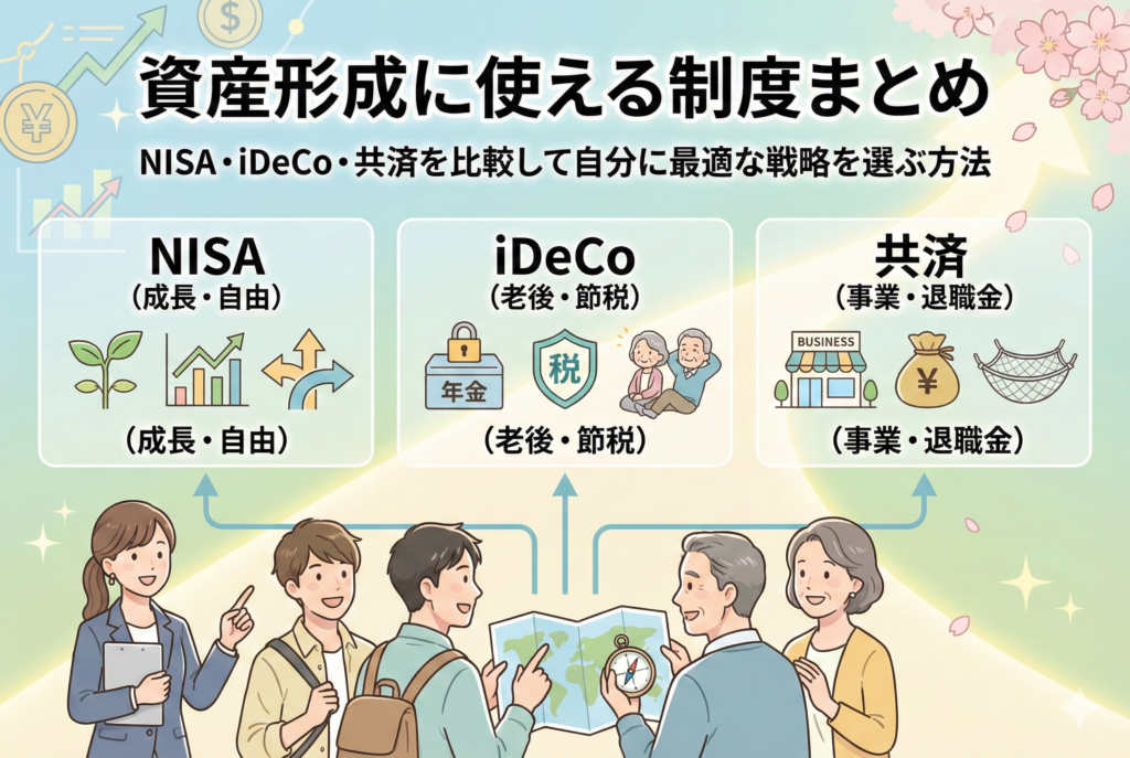 「資産形成に使える制度まとめ」というタイトルの下、NISA（成長・自由）、iDeCo（老後・節税）、共済（事業・退職金）の3つの選択肢を比較するイラスト。地図とコンパスを持った様々な年代の人々が、それぞれのライフスタイルに合わせて最適な制度を選ぼうとしている様子が描かれている。