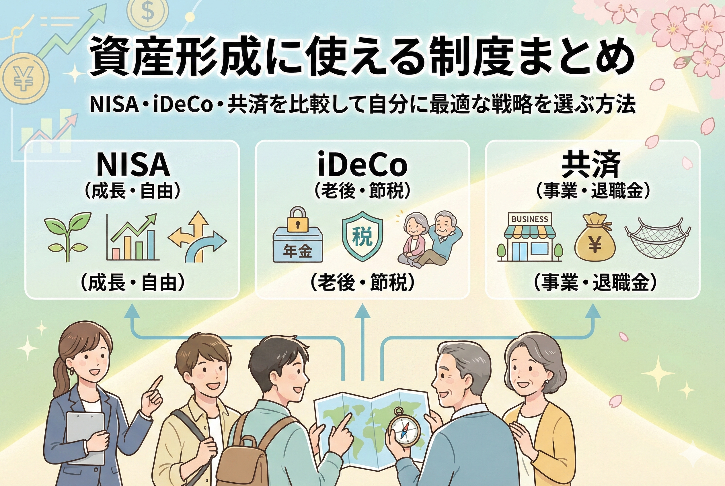 「資産形成に使える制度まとめ」というタイトルの下、NISA（成長・自由）、iDeCo（老後・節税）、共済（事業・退職金）の3つの選択肢を比較するイラスト。地図とコンパスを持った様々な年代の人々が、それぞれのライフスタイルに合わせて最適な制度を選ぼうとしている様子が描かれている。