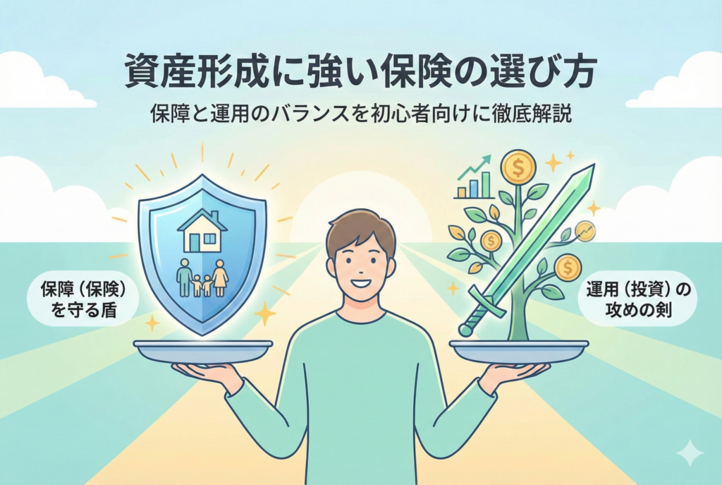 「資産形成に強い保険の選び方」という見出しと共に、天秤を持つ男性のイラスト。左側には家族や住まいを守る「保障の盾（保険）」、右側には資産が実る木と一体化した「運用の剣（投資）」が乗せられており、守りと攻めのバランスの重要性を視覚的に表現している。