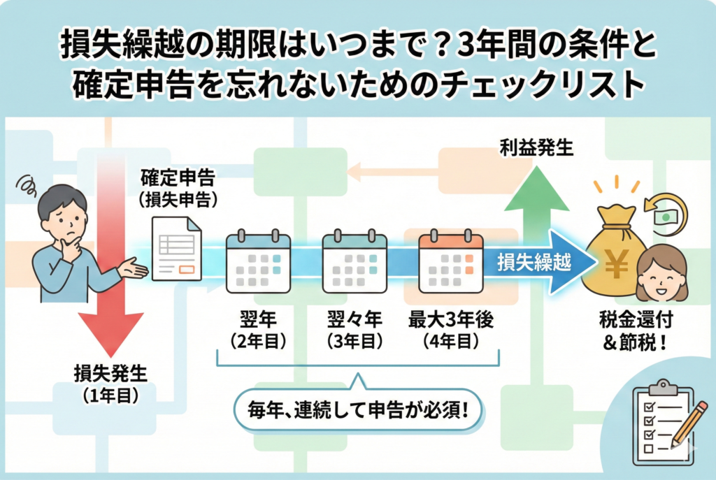 株式投資の「損失繰越」の仕組みを時系列で図解したイラスト。1年目の「損失発生」から確定申告を行い、翌年、翌々年、最大3年後（4年目）までカレンダーが続く。「毎年、連続して申告が必須！」という重要な注意書きがあり、最終的に「利益発生」のタイミングで税金が還付され、笑顔で資産を守る様子を描いている。右下には手続きを忘れないためのチェックリストが配置されている。