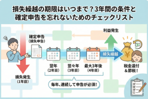 株式投資の「損失繰越」の仕組みを時系列で図解したイラスト。1年目の「損失発生」から確定申告を行い、翌年、翌々年、最大3年後（4年目）までカレンダーが続く。「毎年、連続して申告が必須！」という重要な注意書きがあり、最終的に「利益発生」のタイミングで税金が還付され、笑顔で資産を守る様子を描いている。右下には手続きを忘れないためのチェックリストが配置されている。