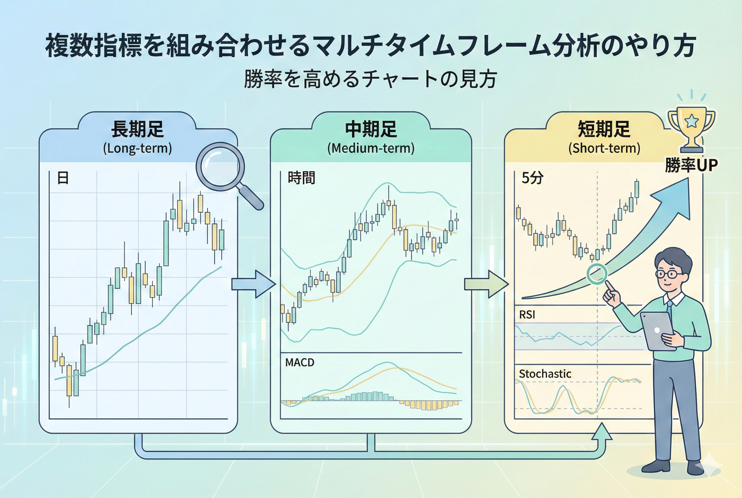 複数指標を組み合わせたマルチタイムフレーム分析のやり方を解説するアイキャッチ画像。長期・中期・短期の3つの時間足チャートと、移動平均線、MACD、RSI、ストキャスティクスなどのテクニカル指標が描かれ、それらを総合的に分析して勝率がアップするプロセスを、分析者のイラストと共に図解しています。