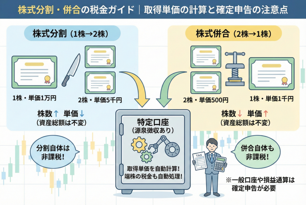 株式分割と株式併合の仕組みと税金への影響を比較した図解イラスト。左側では1株が2株に分かれる「分割」で単価が下がる様子を、右側では2株が1株にまとまる「併合」で単価が上がる様子を描き、どちらも「資産総額は不変」かつ「非課税」であることを強調している。中央には特定口座が取得単価や端株の税金を自動計算するイメージが配置されている。