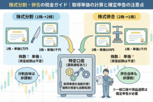 株式分割と株式併合の仕組みと税金への影響を比較した図解イラスト。左側では1株が2株に分かれる「分割」で単価が下がる様子を、右側では2株が1株にまとまる「併合」で単価が上がる様子を描き、どちらも「資産総額は不変」かつ「非課税」であることを強調している。中央には特定口座が取得単価や端株の税金を自動計算するイメージが配置されている。