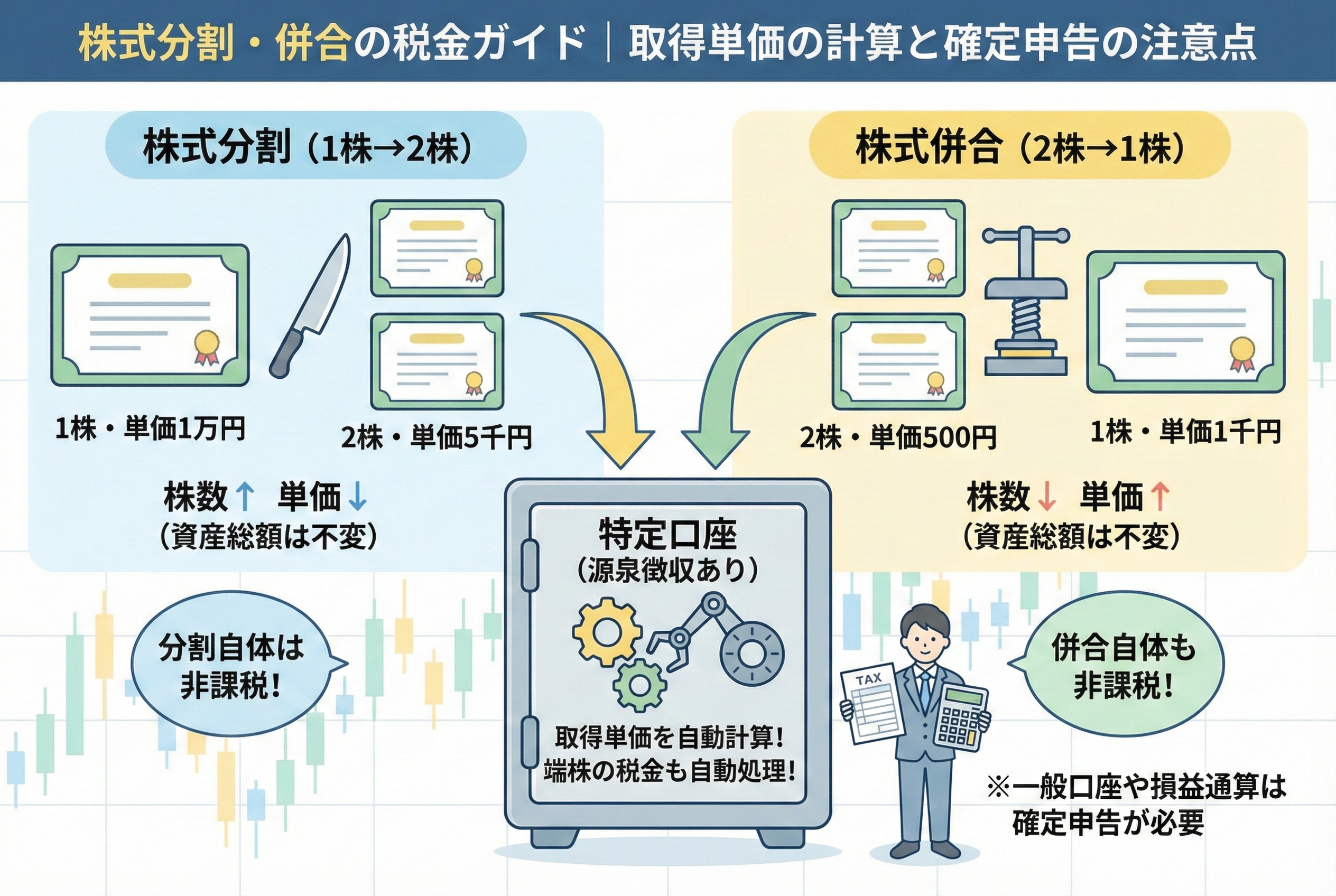 株式分割と株式併合の仕組みと税金への影響を比較した図解イラスト。左側では1株が2株に分かれる「分割」で単価が下がる様子を、右側では2株が1株にまとまる「併合」で単価が上がる様子を描き、どちらも「資産総額は不変」かつ「非課税」であることを強調している。中央には特定口座が取得単価や端株の税金を自動計算するイメージが配置されている。