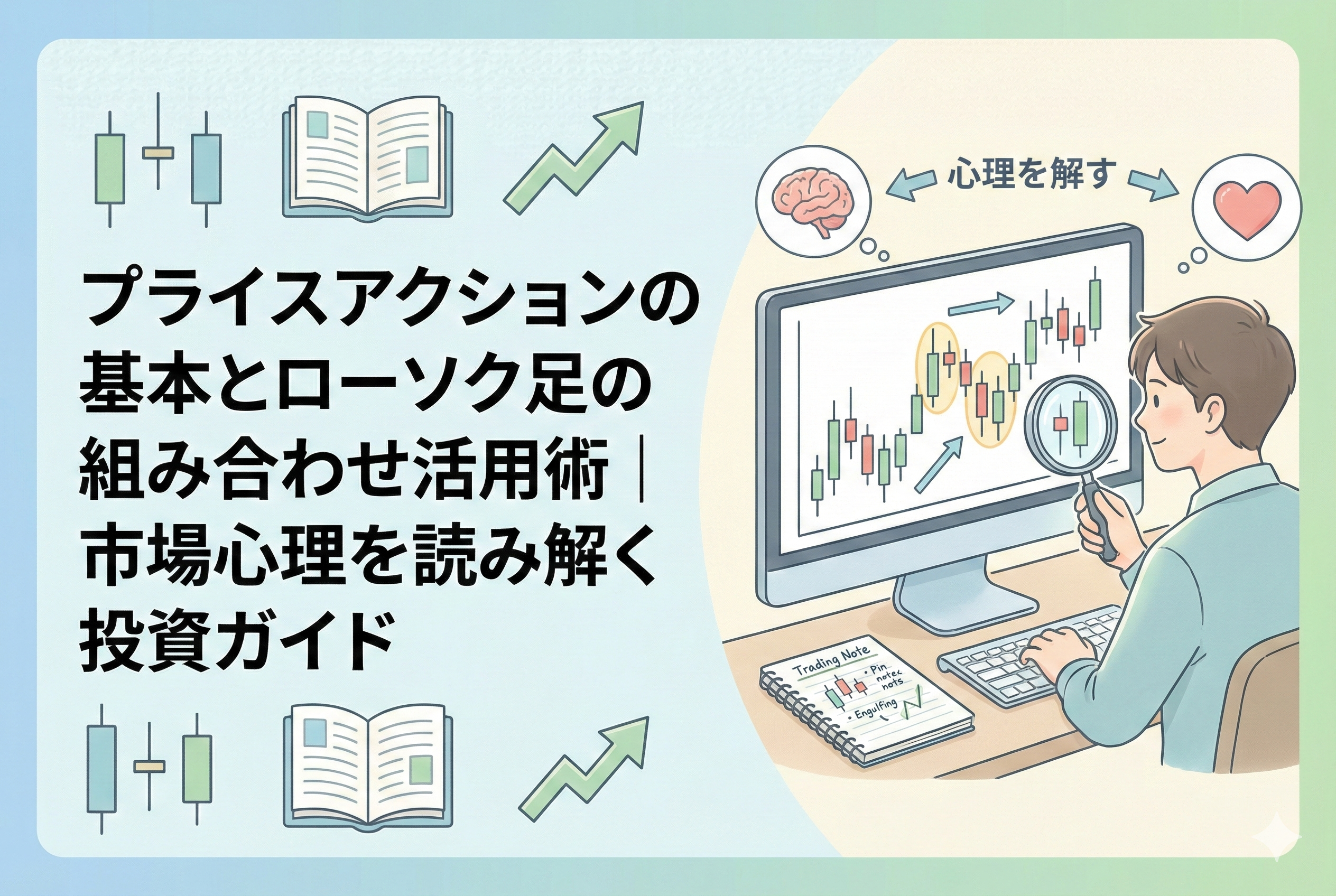 「プライスアクションの基本とローソク足の組み合わせ活用術」というタイトルが入ったアイキャッチ画像。パソコンの画面に表示されたローソク足を虫眼鏡で分析し、市場心理（脳と心のアイコン）を読み解こうとしている投資家のイラスト。