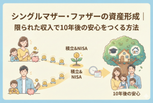 「シングルマザー・ファザーの資産形成｜限られた収入で10年後の安心をつくる方法」というタイトル。左側でシングルマザーとシングルファザーがそれぞれの子供と少額のコインを貯金箱に入れ、それが自動化された「積立&NISA」の仕組みを通って、右側の時計とカレンダーを経由し、教育や住宅のアイコンが実った大きな「10年後の安心」の木へと成長していく様子を描いた、親しみやすい図解イラスト。