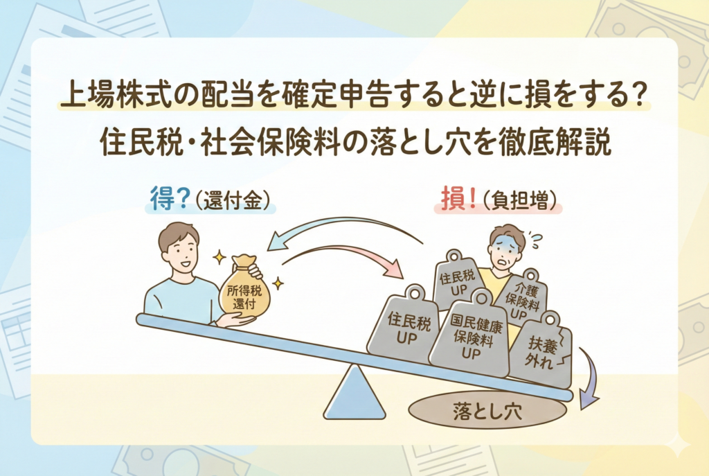 上場株式の配当金の確定申告における損得を比較するイラスト。シーソーの左側に小さな「所得税還付」の袋を持つ笑顔の男性がいる一方、右側には「住民税UP」「国民健康保険料UP」「介護保険料UP」「扶養外れ」という非常に重い複数の分銅が重なり、シーソーが「落とし穴」と書かれた場所に向かって大きく傾いている様子。