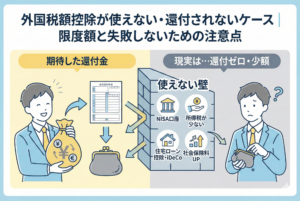 外国税額控除を確定申告した際の「期待」と「現実」のギャップを描いたイラスト。左側では大きな還付金の袋を期待して笑顔の男性が描かれ、中央には「使えない壁」として「NISA口座」「所得税が少ない」「住宅ローン控除・iDeCo」「社会保険料UP」という4つの障壁が立ちはだかっている。右側では、それらの壁に阻まれて還付金がゼロ、あるいは少額になり、空の財布を見て困惑する男性の様子を対比させている。