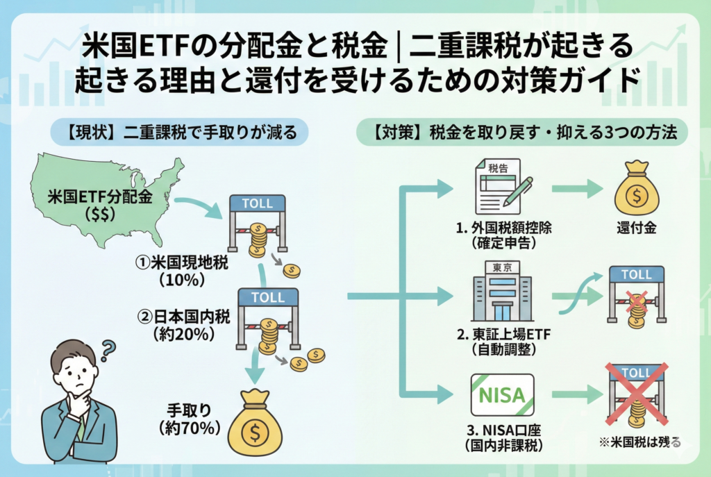 米国ETFの分配金にかかる「二重課税」の仕組みと、その3つの対策を図解したイラスト。左側では、米国現地税(10%)と日本国内税(約20%)の二段階で税金が引かれ、手取りが約70%に減る現状を、料金所を通過するお金で表現。右側では対策として、「1.外国税額控除(確定申告で還付)」、「2.東証上場ETF(自動調整で米国税回避)」、「3.NISA口座(国内非課税だが米国税は残る)」の3つの選択肢を分かりやすく図示している。