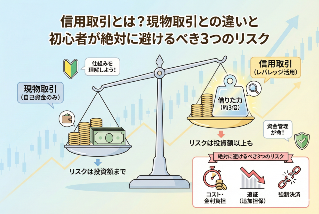 現物取引と信用取引の違いを天秤（てんびん）で表現した図解。自分の資金のみでリスクが投資額に限定される現物取引に対し、借りた力で約3倍の取引が可能だが、投資額以上のリスクや追証（おいしょう）、強制決済の可能性がある信用取引の仕組みを視覚化している。