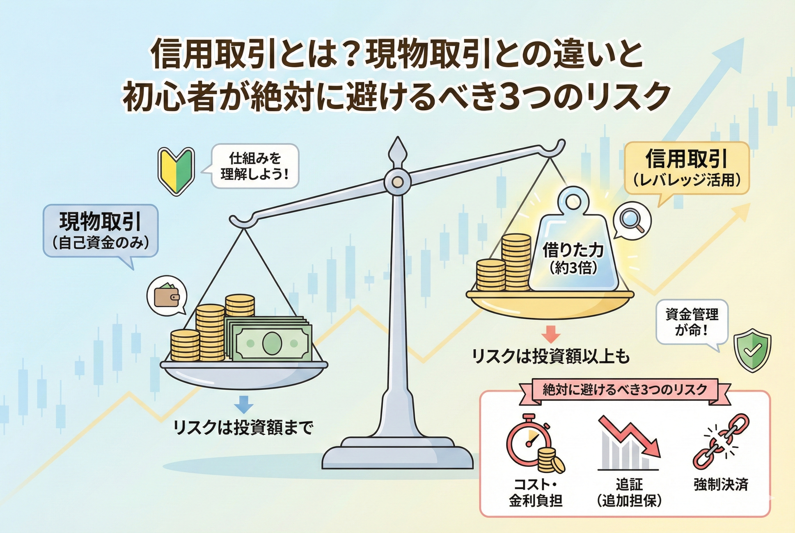 現物取引と信用取引の違いを天秤（てんびん）で表現した図解。自分の資金のみでリスクが投資額に限定される現物取引に対し、借りた力で約3倍の取引が可能だが、投資額以上のリスクや追証（おいしょう）、強制決済の可能性がある信用取引の仕組みを視覚化している。