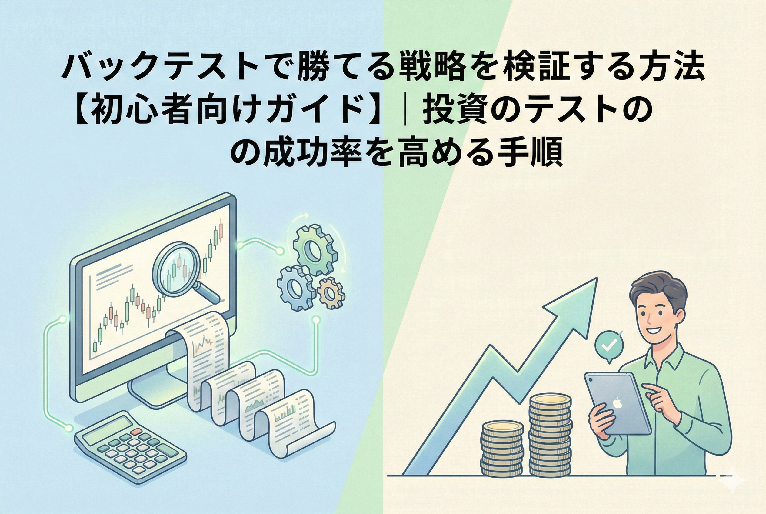 記事タイトル「バックテストで勝てる戦略を検証する方法【初心者向けガイド】」が入ったアイキャッチ画像。左側にはパソコンで過去データを分析・検証する様子、右側にはその結果として資産が右肩上がりに増加し、投資家が成功する様子を描いたイラスト。