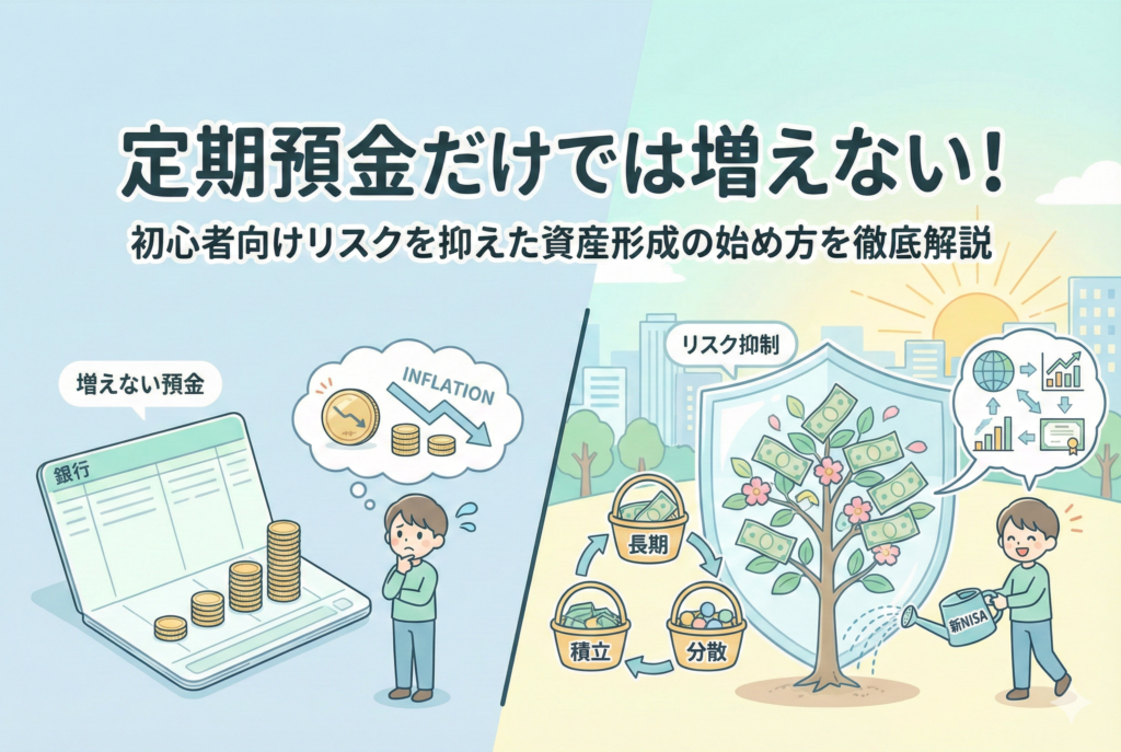 「定期預金だけでは増えない！」という見出しとともに、インフレで価値が目減りする預金に悩む人物と、盾（リスク抑制）で守られた資産の木に「新NISA」のジョウロで水をやり、長期・積立・分散のサイクルで着実に資産を育てる様子を描いた比較イラスト。
