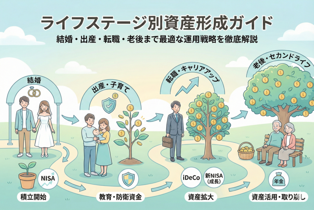 「ライフステージ別資産形成ガイド」の見出しと共に、一本の道に沿って「結婚（積立開始）」「出産・子育て（教育・防衛資金）」「転職・キャリアアップ（資産拡大）」「老後・セカンドライフ（資産活用）」と進むにつれて資産の木が大きく育っていく様子を描いたインフォグラフィック風のイラスト。
