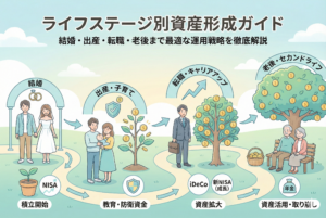 「ライフステージ別資産形成ガイド」の見出しと共に、一本の道に沿って「結婚（積立開始）」「出産・子育て（教育・防衛資金）」「転職・キャリアアップ（資産拡大）」「老後・セカンドライフ（資産活用）」と進むにつれて資産の木が大きく育っていく様子を描いたインフォグラフィック風のイラスト。