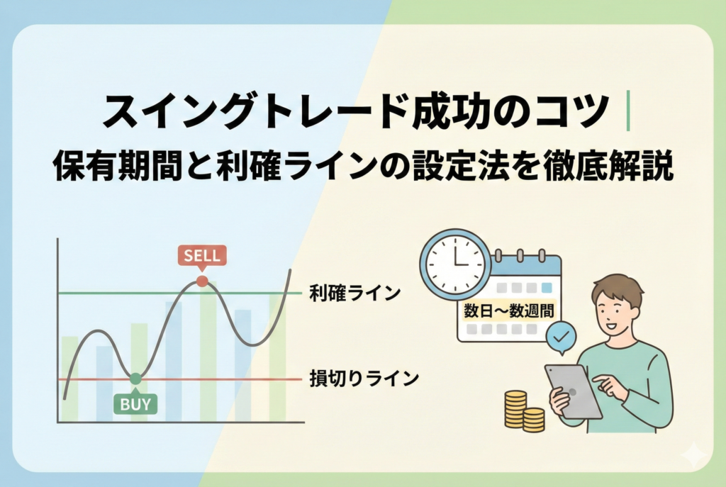 「スイングトレード成功のコツ|保有期間と利確ラインの設定法を徹底解説」というタイトルが入ったアイキャッチ画像。チャート上での「利確ライン」と「損切りライン」の配置、カレンダーと時計による「数日〜数週間」の保有期間を視覚的に表現した、清潔感のあるイラスト。