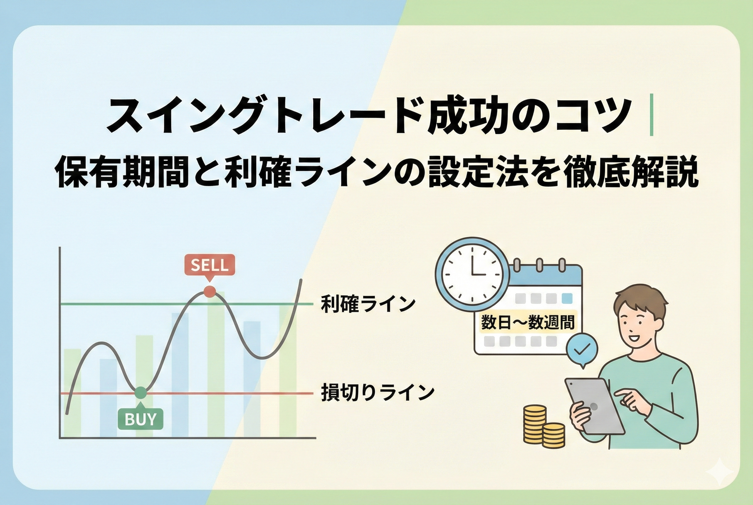 「スイングトレード成功のコツ|保有期間と利確ラインの設定法を徹底解説」というタイトルが入ったアイキャッチ画像。チャート上での「利確ライン」と「損切りライン」の配置、カレンダーと時計による「数日〜数週間」の保有期間を視覚的に表現した、清潔感のあるイラスト。
