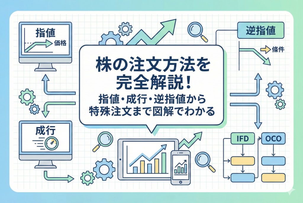 株の注文方法（指値・成行・逆指値・特殊注文）の仕組みを、モニターやスマホのアイコンと矢印を使って分かりやすく表現した図解風のアイキャッチ画像。