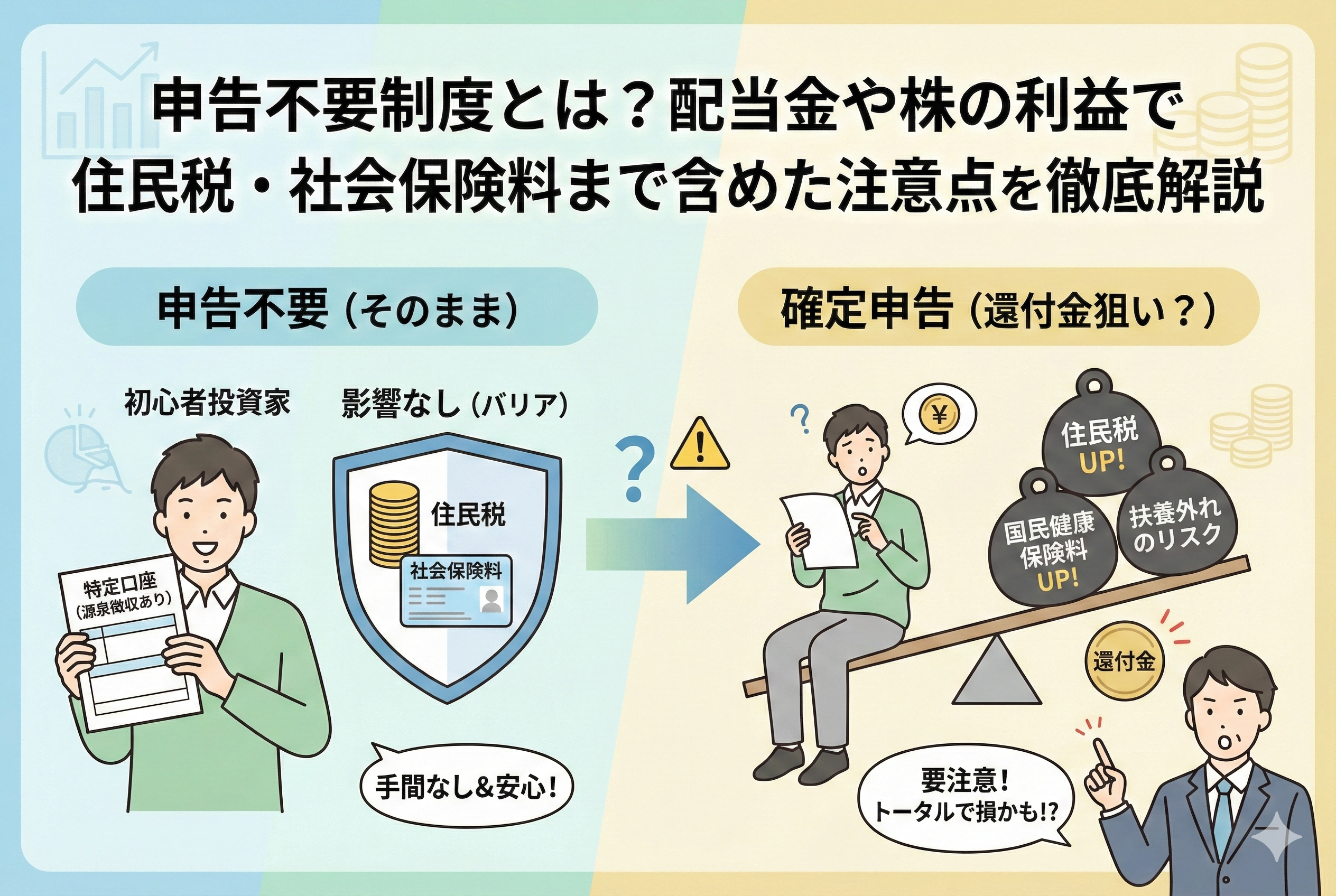 申告不要制度と確定申告の比較イラスト。左側は「申告不要(そのまま)」で、特定口座(源泉徴収あり)を持つ初心者投資家が住民税や社会保険料への影響がない「バリア」に守られ「手間なし&安心」な様子。右側は「確定申告(還付金狙い?)」で、小さな還付金を得る代わりにシーソーが傾き、「住民税UP」「国民健康保険料UP」「扶養外れのリスク」という大きな負担増に直面し、専門家が「要注意!トータルで損かも!?」と警告している様子。
