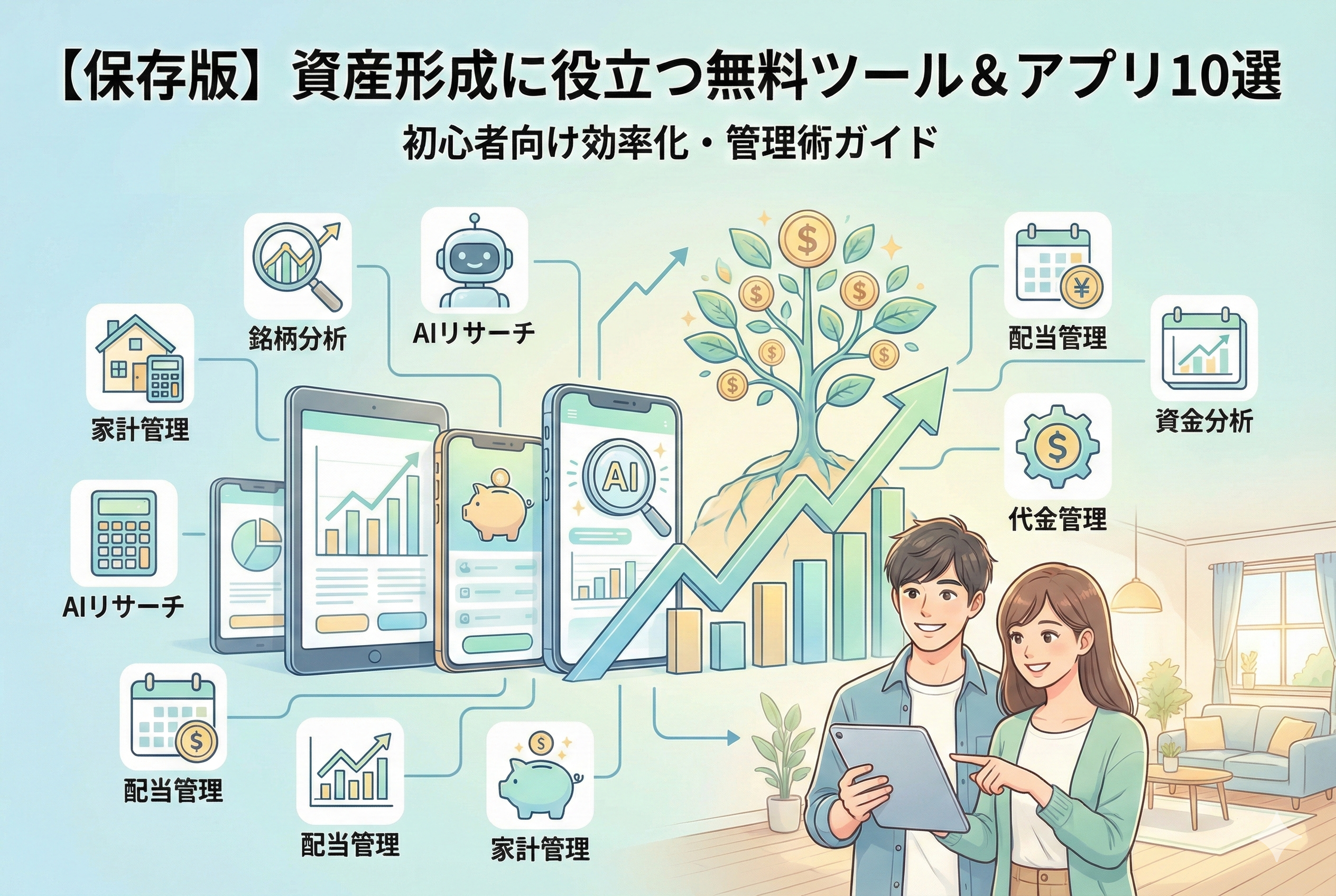 「資産形成に役立つ無料ツール＆アプリ10選」というタイトルの下、家計管理、AIリサーチ、配当管理、銘柄分析などのアイコンが浮かぶタブレットやスマホを操作する男女のイラスト。右肩上がりのグラフとお金が育つ木が描かれ、デジタルツールの活用による効率的な資産形成を表現している。