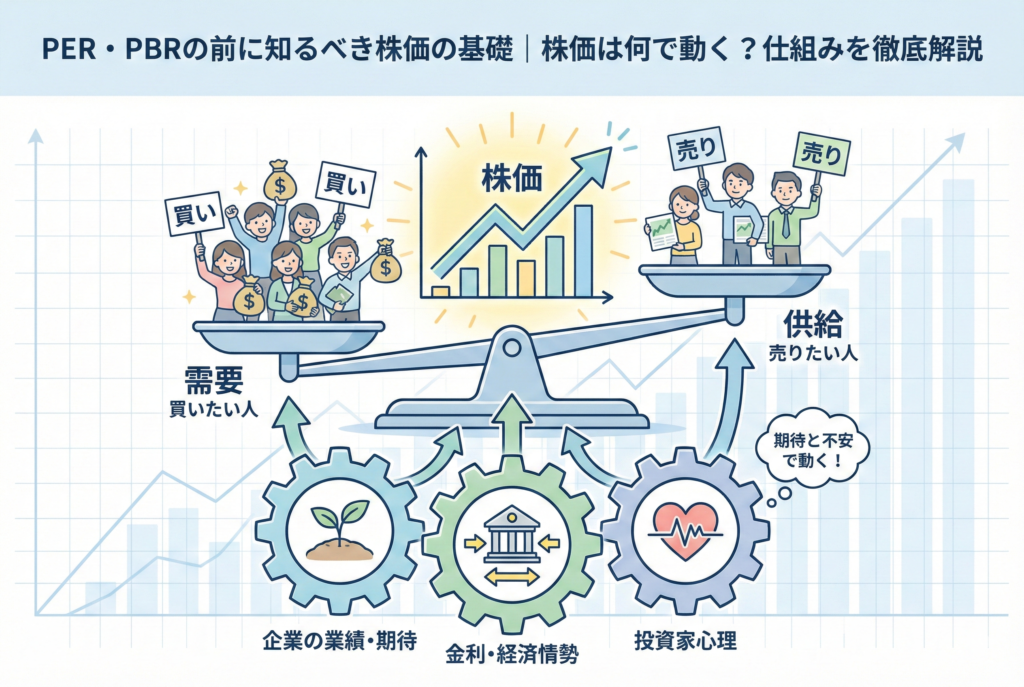 株価の形成メカニズムを図解したインフォグラフィック。需要(買いたい人)と供給(売りたい人)を天秤で比較し、その価格変動を駆動する要因として「企業の業績・期待」「金利・経済情勢」「投資家心理」を3つの歯車で表現しています。背景には株価チャートが描かれ、期待と不安で動く市場の性質を視覚的に解説しています。