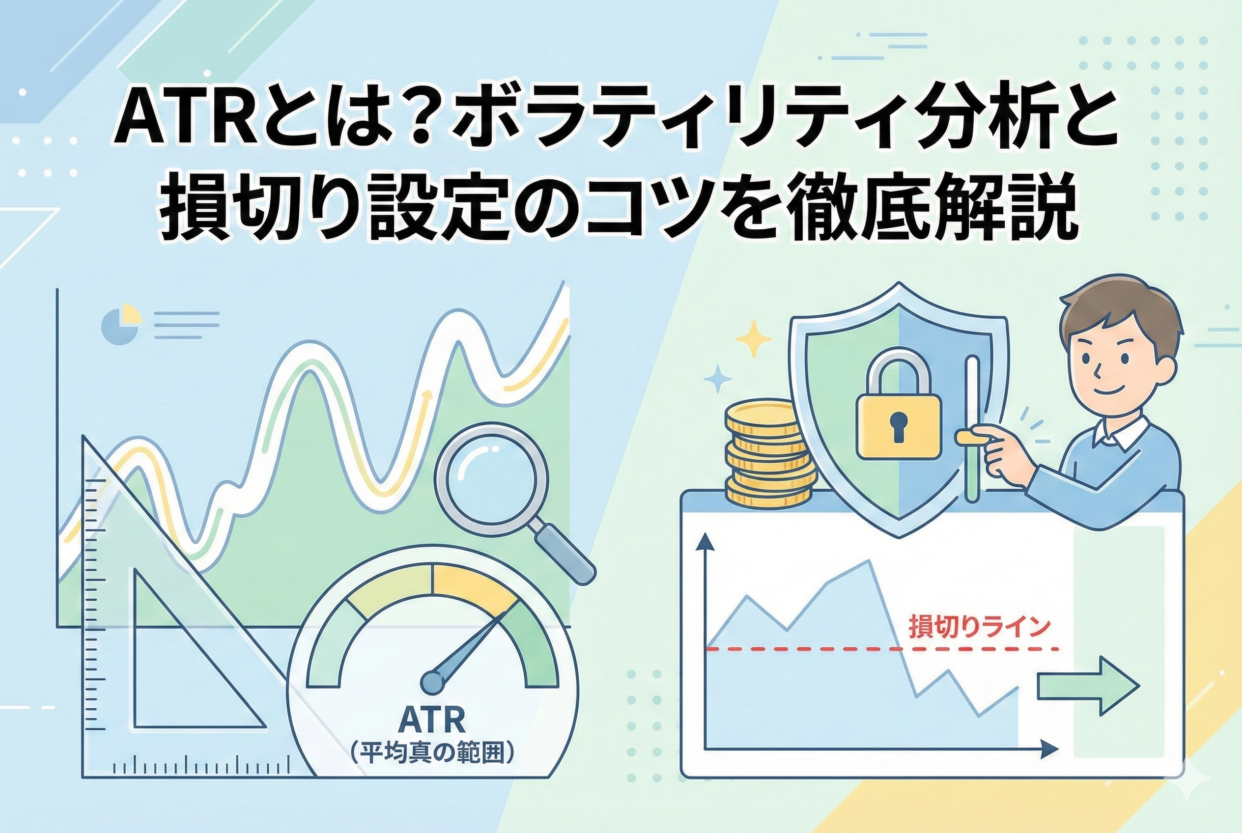 ATR（平均真の範囲）を用いたボラティリティ分析と損切り設定の解説画像。相場の変動を測るメーターや、資産を守る盾のアイコン、チャート上の損切りラインが描かれています。