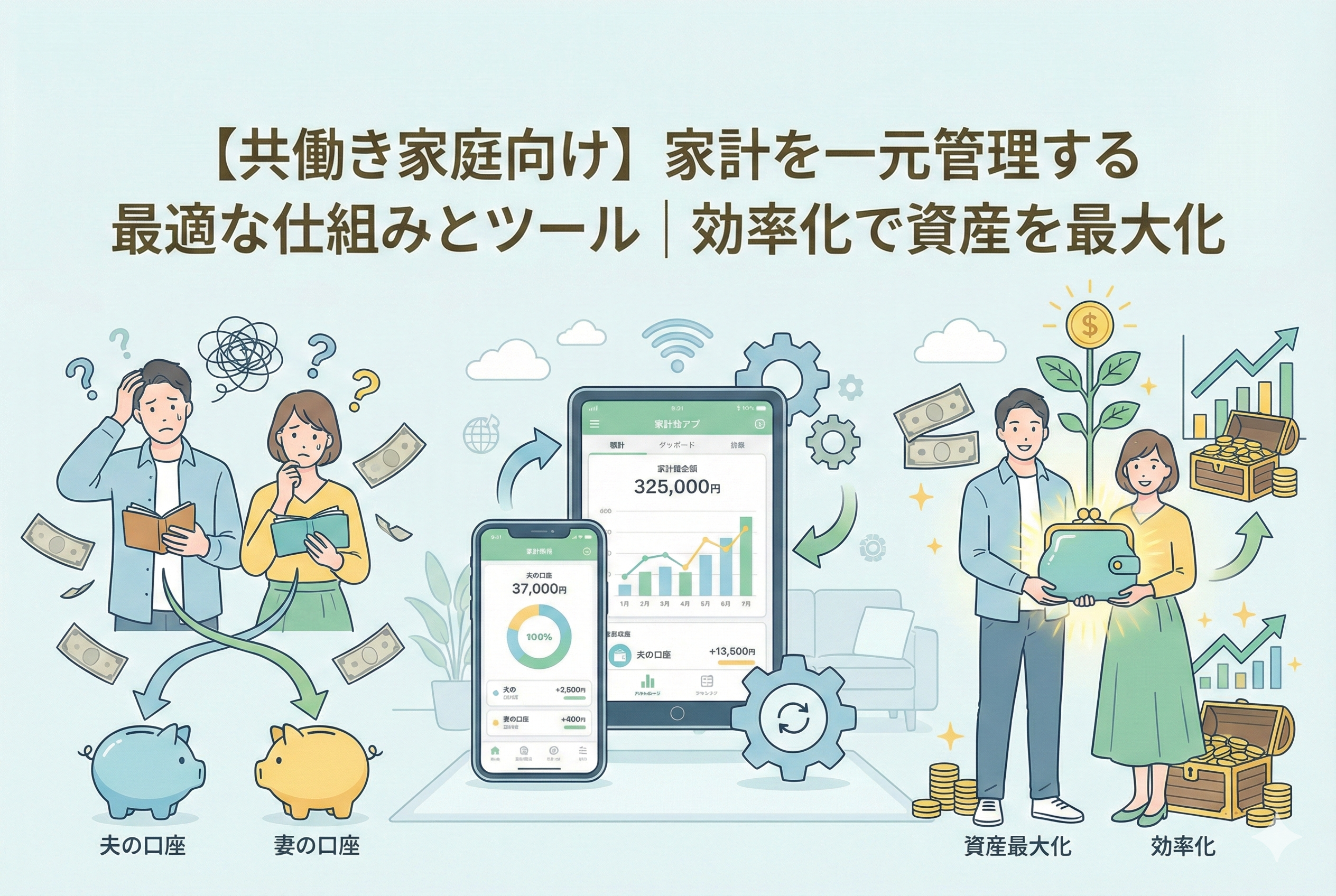 「【共働き家庭向け】家計を一元管理する最適な仕組みとツール」という見出し。左側に別々の口座管理で悩む夫婦、中央にアプリによる一元管理の仕組み、右側に共通の財布を持ち資産が増えて喜ぶ夫婦を対比させた、清潔感のある図解イラスト。