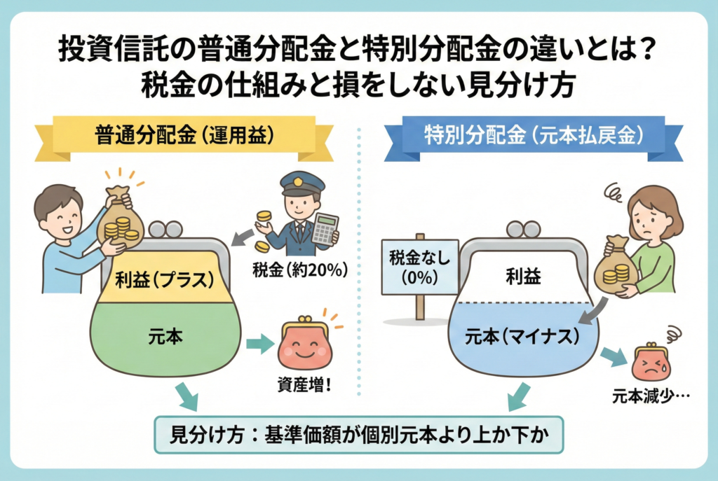 投資信託の「普通分配金」と「特別分配金」の違いを解説する図。左側の「普通分配金(運用益)」は、利益から支払われ約20%の税金がかかるが、元本は維持され資産が増える様子を笑顔のキャラクターと財布で表現。右側の「特別分配金(元本払戻金)」は、元本から支払われ税金はかからないが、元本が減少し資産が減る様子を困り顔のキャラクターと財布で表現。下部には見分け方として「基準価額が個別元本より上か下か」と記されている。