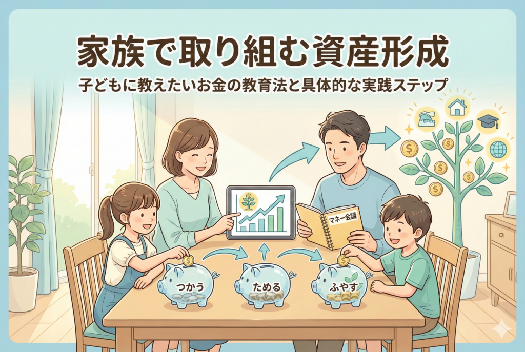 「家族で取り組む資産形成」という見出しの下、リビングで「マネー会議」を行う4人家族のイラスト。子どもたちが「つかう・ためめる・ふやす」と書かれた3つの貯金箱にお金を分け、両親がタブレットのグラフを見せながらお金の教育をしているポジティブな様子。